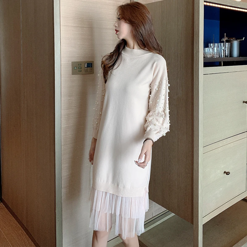 COIGARSAM Casual Full Sleeve Women one-piece dress korean New Knitting Mesh Dresses Pink Black Light Green Deep Purple Apricot T | Женская