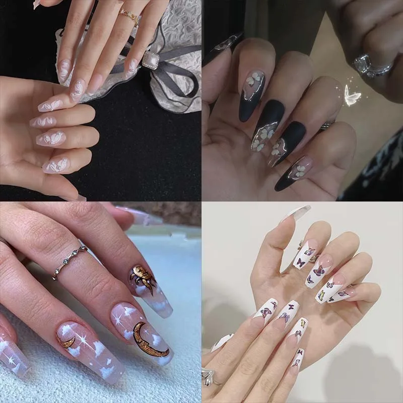 

24Pcs/Box Charming Butterfly Long Ballet Wearable Fake Nails Pearl Graffiti Full Cover Detachable Finished Fingernails