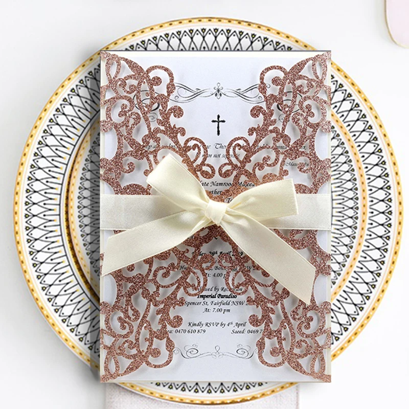 

1 шт. элегантные блестящие бумажные приглашения на свадьбу с лазерной резкой карточка «сделай сам» кружевной карман на заказ пригласительн...