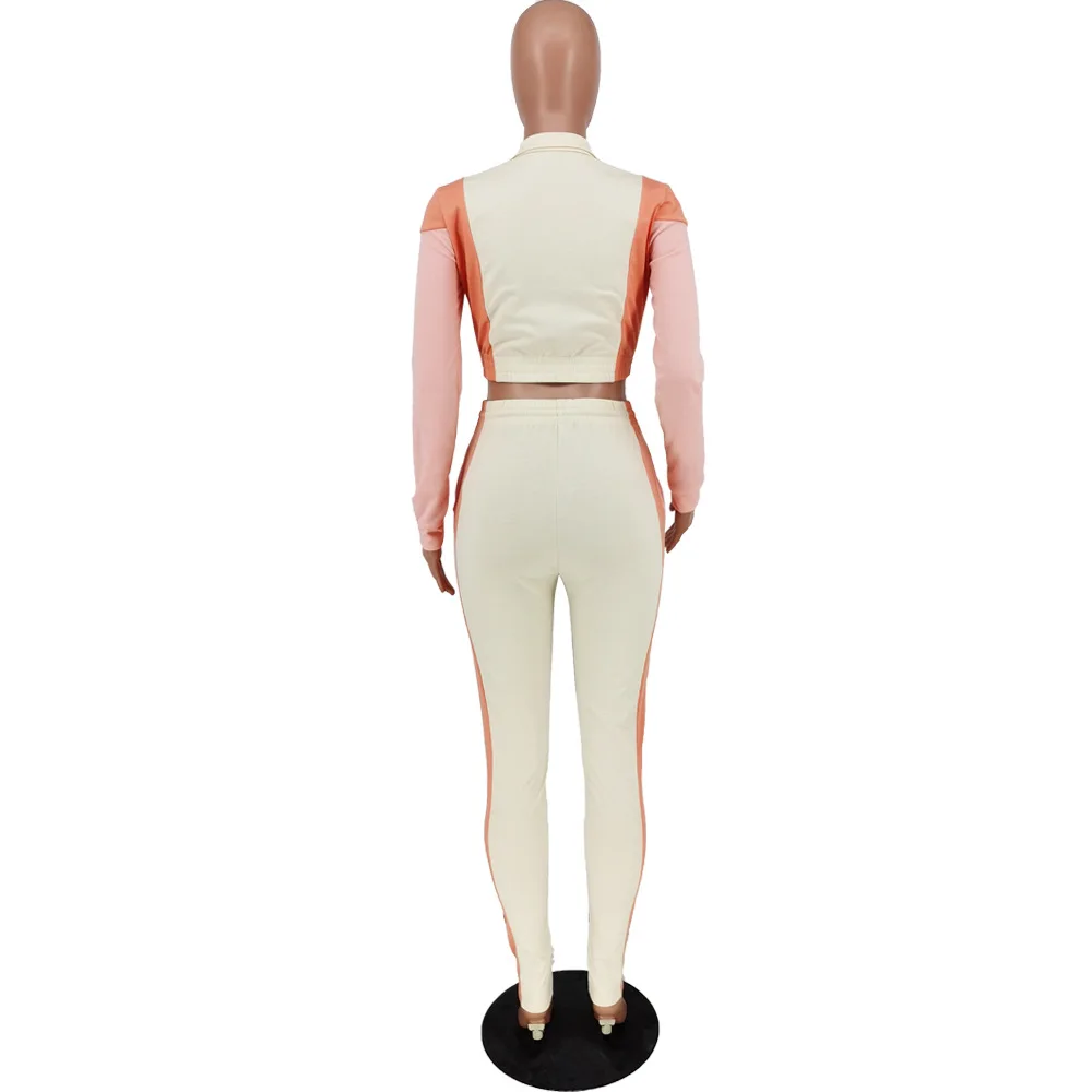 

Contrast Color Sportswear Suit for Women Zipper Up Long Sleeve Skinny Crop Top and High Waist Pencil Pant Fall Two Piece Outfit