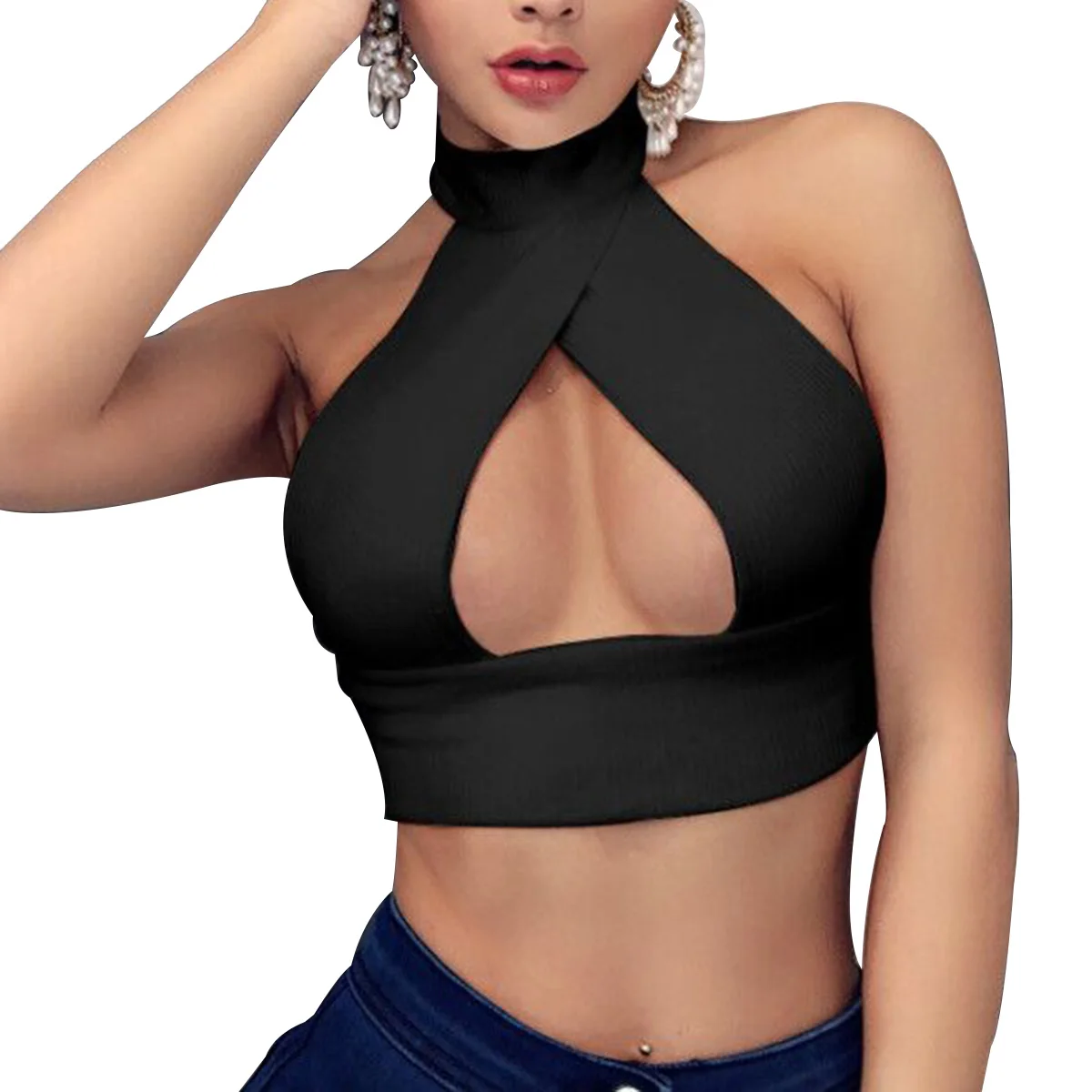 Женский укороченный топ на бретельках с перекрестными лямками спереди вырезом