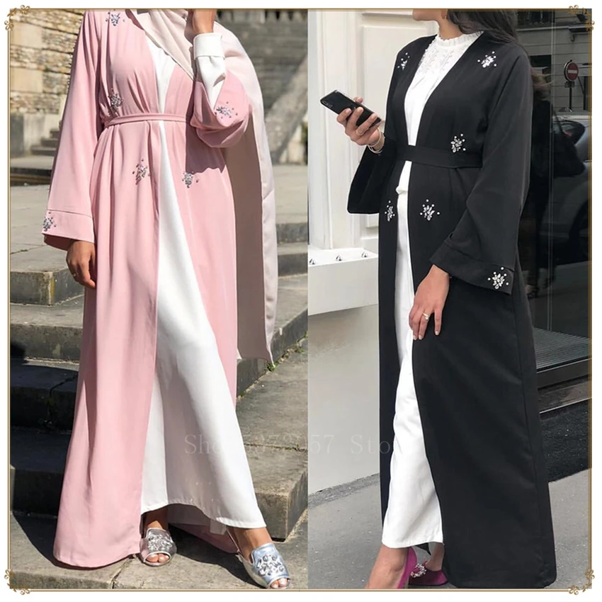 

Dubai Riche Islamic Traditional Abaya for Women Female Fashion Caftan Muslim Solid Design Hand-beaded Cardigan Hijab Long Robe