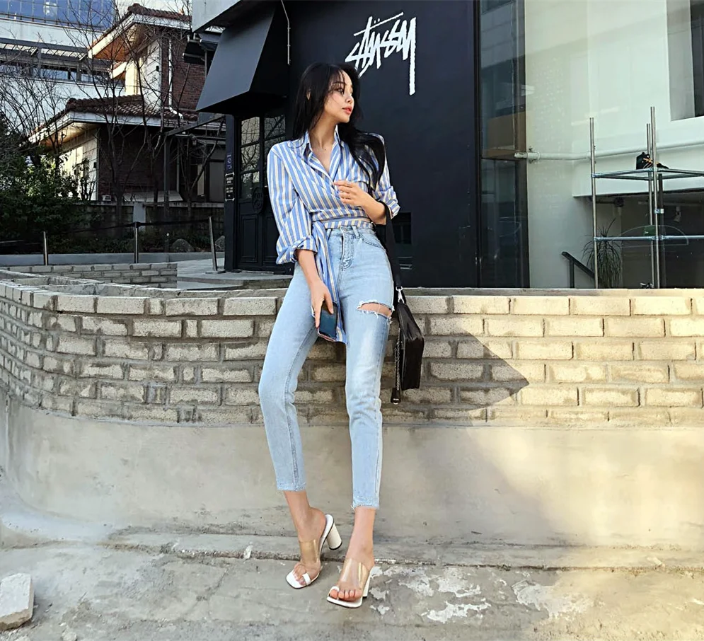 

Retro light color Y2K jeans with side holes, high waist, tight fit, all-match, hair-cut, nine minute pants jeans wear