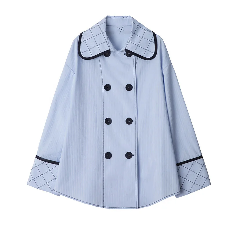 

LANMREM Loose-fit Double-breasted Blue Blouse New Lapel Long-sleeved Women's Shirt Fashion Trend Spring And Autumn 2021 2E1164