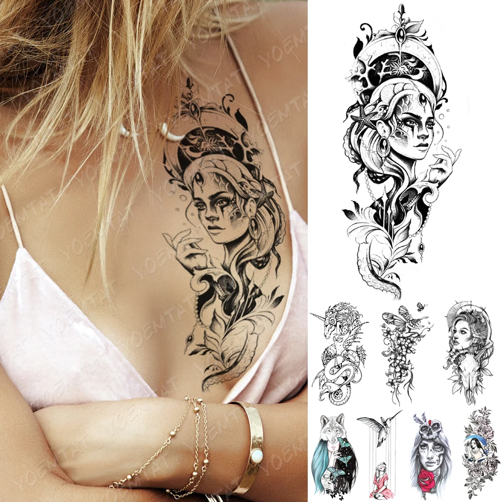 

Waterproof Temporary Tattoo Sticker Mermaid Doll Girl Tattoos Butterfly Wolf Skull Body Art Arm Fake Sleeve Tatoo Women Men