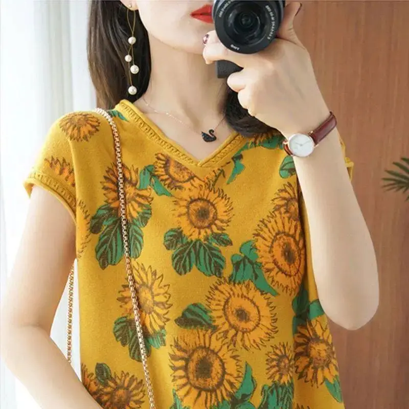 

100% Cotton Short Sleeve Vintage Shirt Blouse Women Plus Size Elegant Ladies Top Summer Loose Casual Sunflower Print