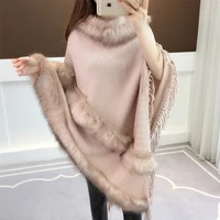 new autumn and winter knitted fur trim shawl womens loose pullover korean style fashion cloak ethnic sweater coat poncho