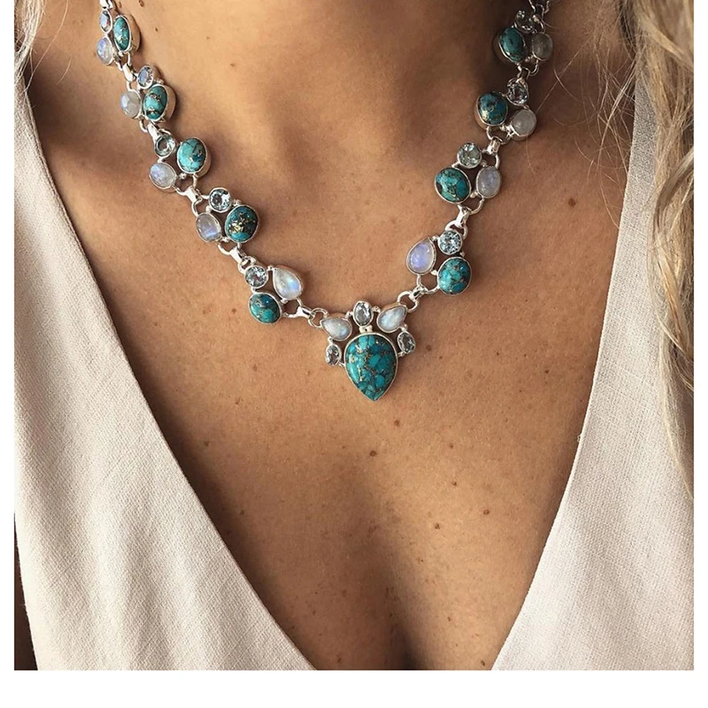 Модный хит Цвет Boho Топы белого цвета с зелеными цветами массивные ожерелья