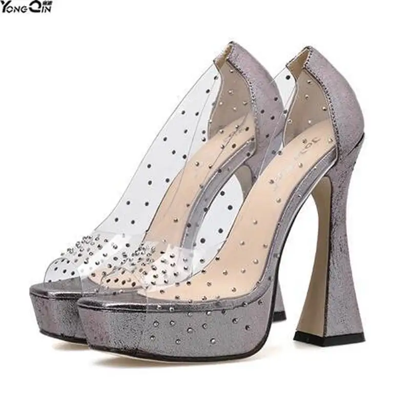 

Summer fashion High heel sandals Sexy Peep toe Rhinestone transparent platform women's shoes