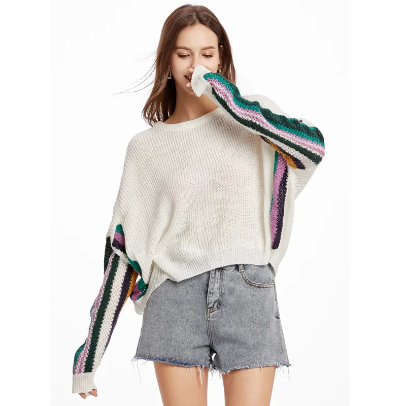 

2021 New European and American Women's Loose Pullover Sweater Contrast Color Bat Sleeve Top Mohair Sweater