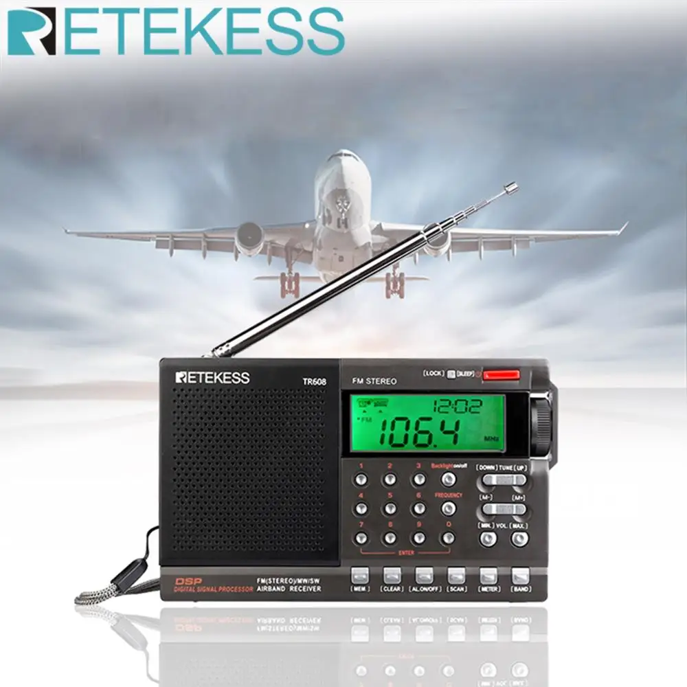 Retekess TR608 FM радио MW и SW Air Band цифровое портативное для путешествий с 24 часовым