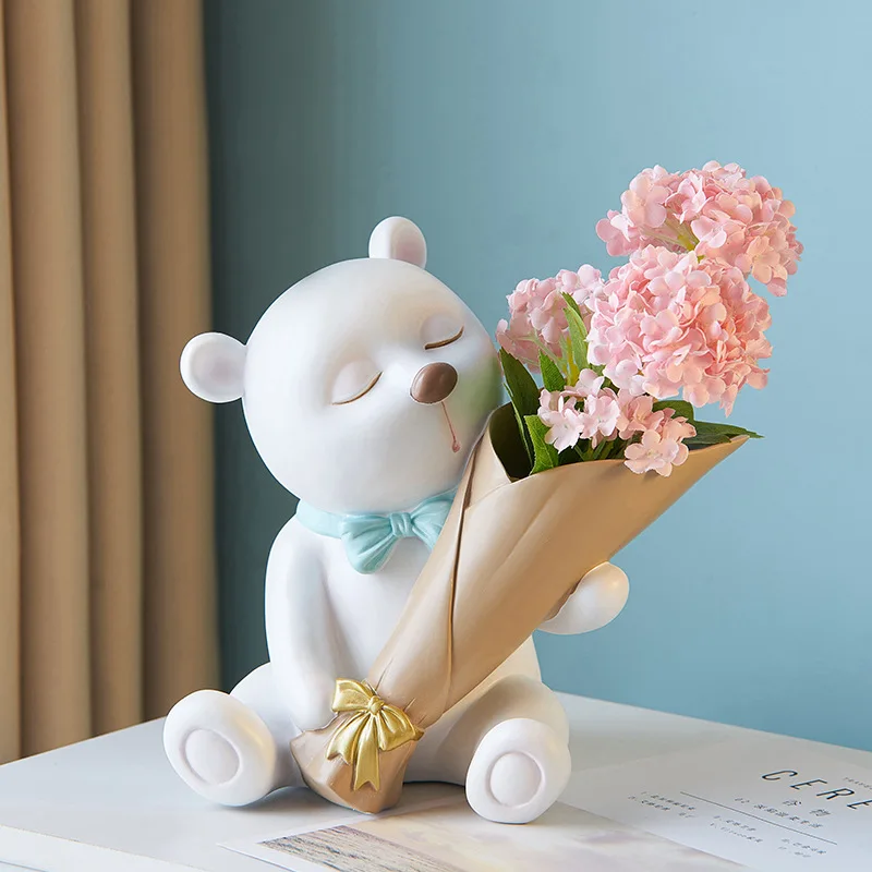 

Creative Resin Cute Bear Bouquet Figurines Ornaments Living Room Nordic Flower Vases Desktop Flower Arrangement Container Decor