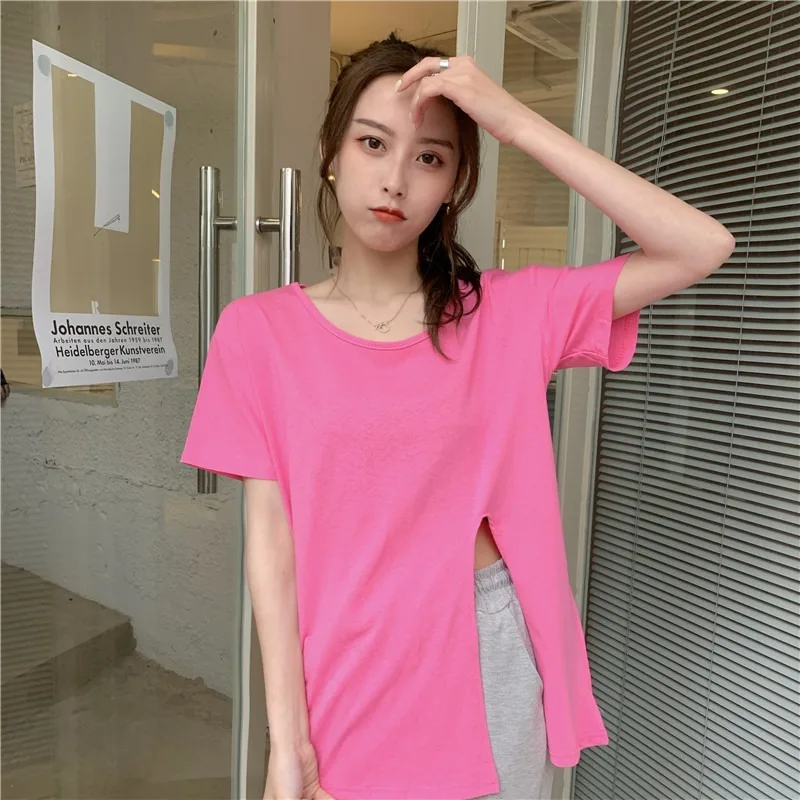 

Summer 2021 New Korean Style Sneaky Design Slit Loose Top Pure Color All-Matching Short Sleeve T-shirt Women's Ins Fashion