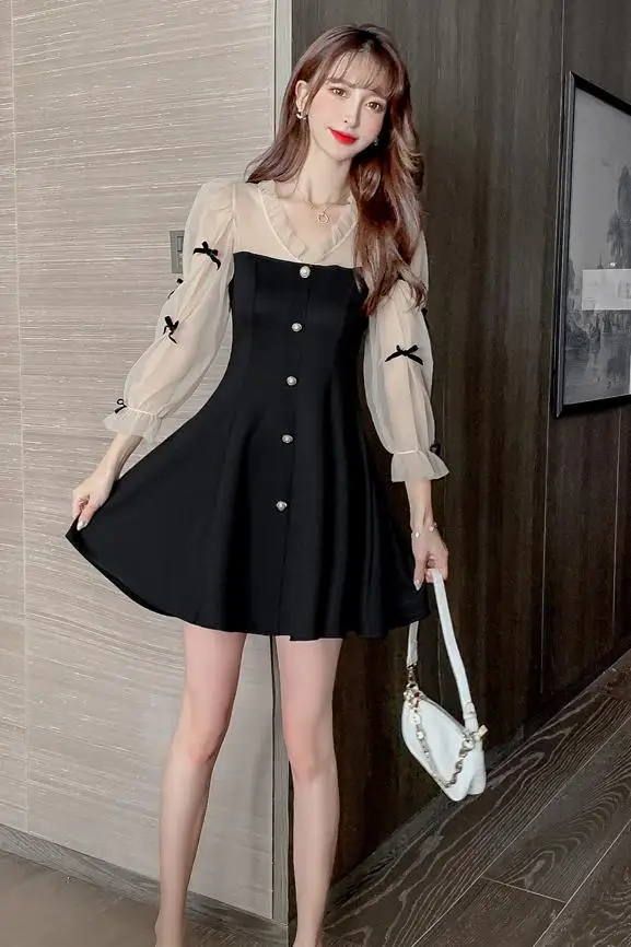 

COIGARSAM Patchwork Women one-piece dress korean New Mesh High Waist Dresses Black 508