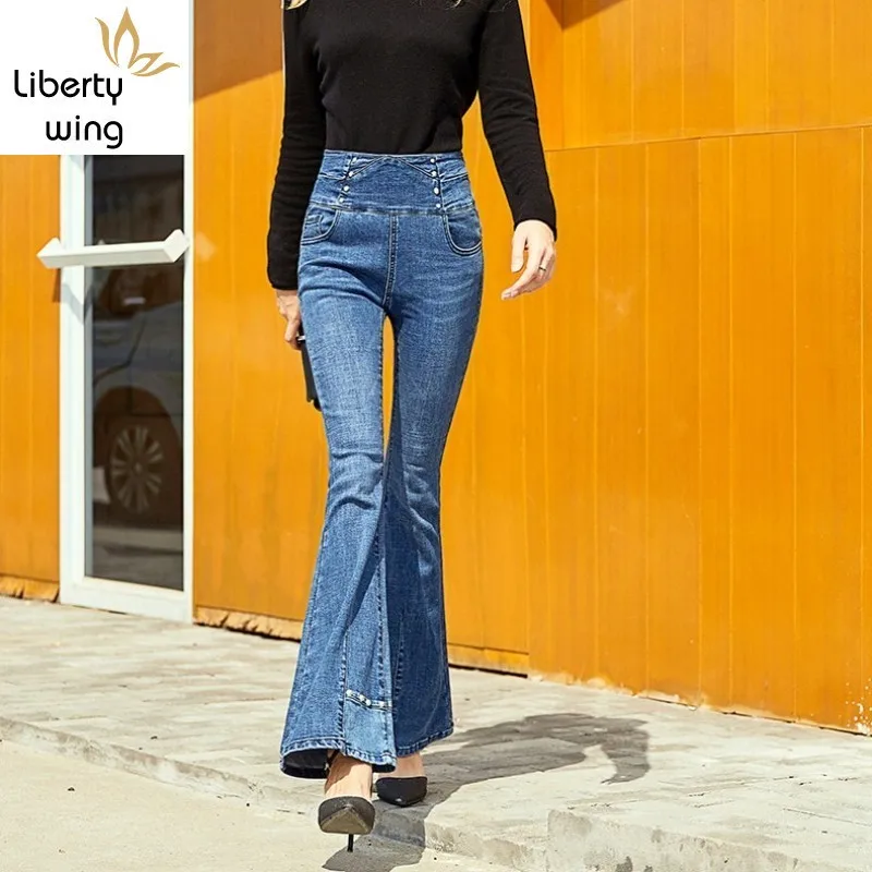 

Fashion High Waist Flare Jeans Women Street Rivet Stretch Slim Denim Trousers OL Style Vintage Zipper Blue Bell-Bottomed Pants