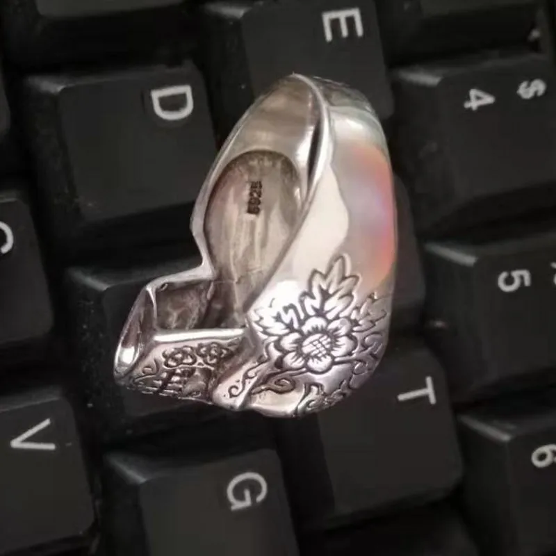 S925 чистое серебро, красный цветок, Череп, чистое Серебряное кольцо для мужчин, панк, тайское серебро, мужские модные серебряные кольца