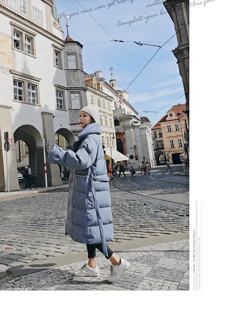 Hong Kong Style Thick Long Lace-up Cotton Coat Women's Winter Style Students Cotton-padded Jacket down Feather Cotton-padde