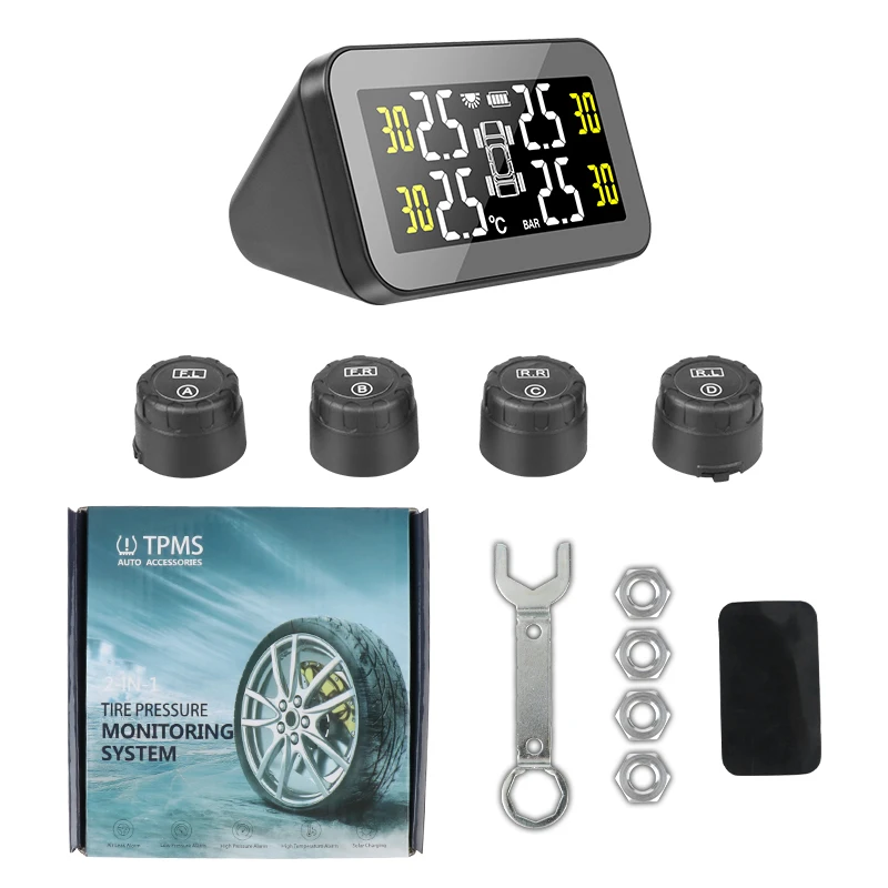 

2021 New TPMS Car Tire Pressure Monitoring Intelligent System Solar Power LED Display 4 Sensors Auto Alarm Monitor Big Screen