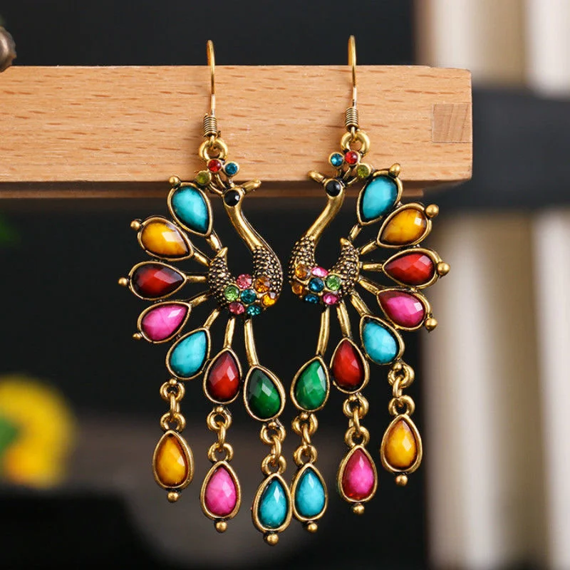 

Bohemian Peacock Earrings For Women Boho Antique Gold Color Multicolor Rhinestone Vintage Ethnic Resin Gem Dangle Earrings