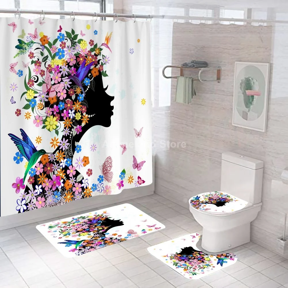 Cool Girl Crown Shower Curtains Black African Style Bathroom Curtain Bath Sets Toilet Cover Mat Non-Slip Washroom Rug Set Gift | Дом и сад