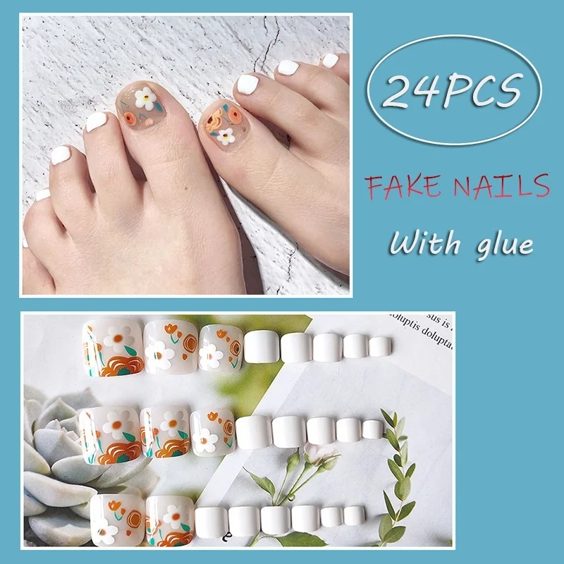 

24pcs UV Sealing Layer Fake ToeNails with Nail Glue Glitter Rhinestone False Nail Tips Artificial Waterproof Wearable Toenails
