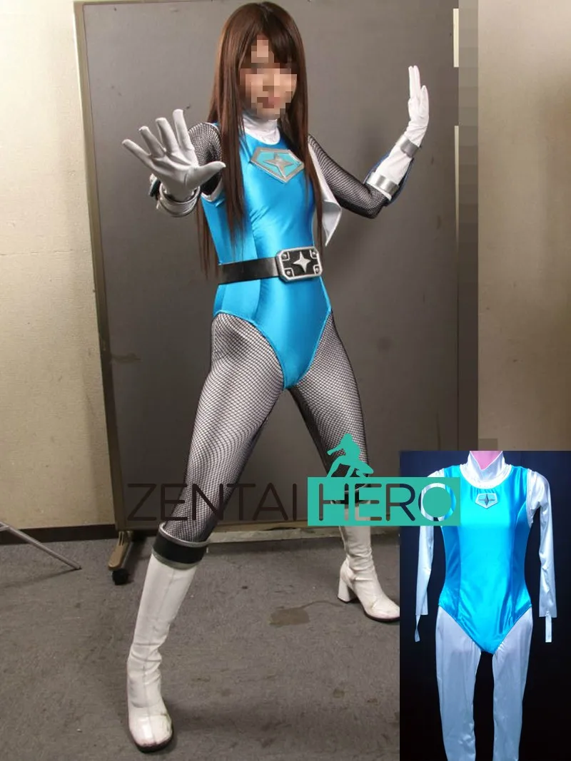 Супергероин, женские Комбинезоны из спандекса из двух частей, сексуальные синие/белые женские комбинезоны с изображением героев Zentai, лайкра, Рейнджер, трико