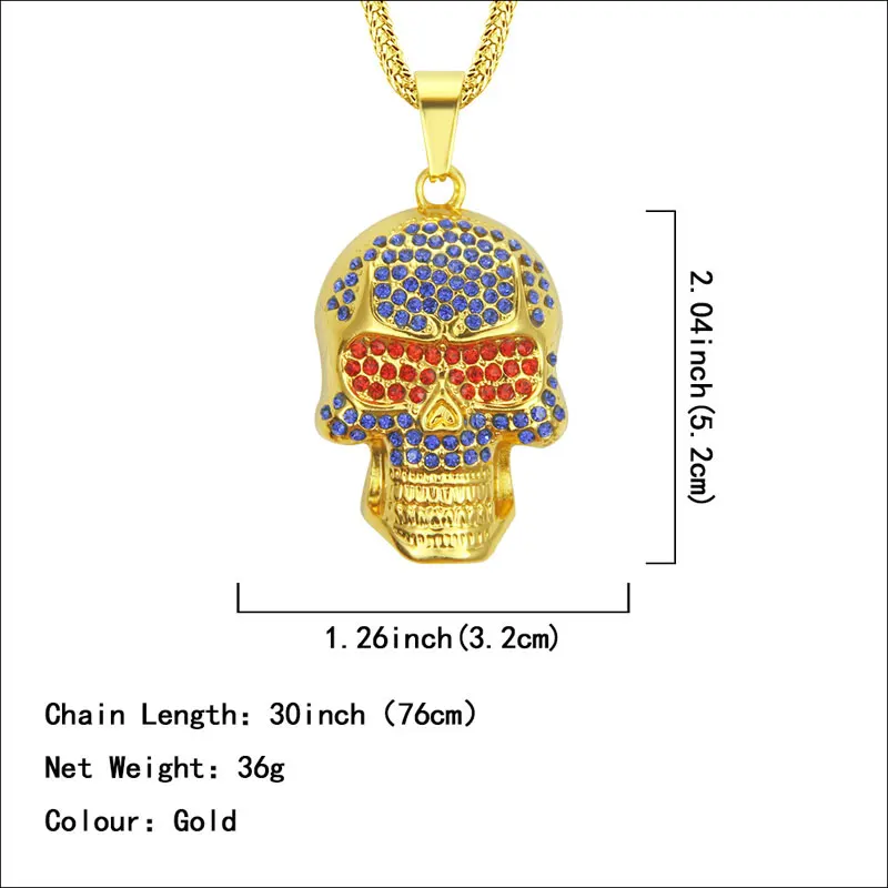 

New Iced Out Hip Hop Skeleton Skull Chains Pendant Necklace For Men Fashion Punk Rapper Gold Plated Jewelry