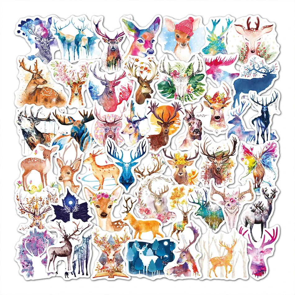 

50PCS Watercolor Deer Stickers Aesthetic Waterproof Fridge Guitar Laptop Motorcycle Skateboard Graffiti Decals Stickers for Kids