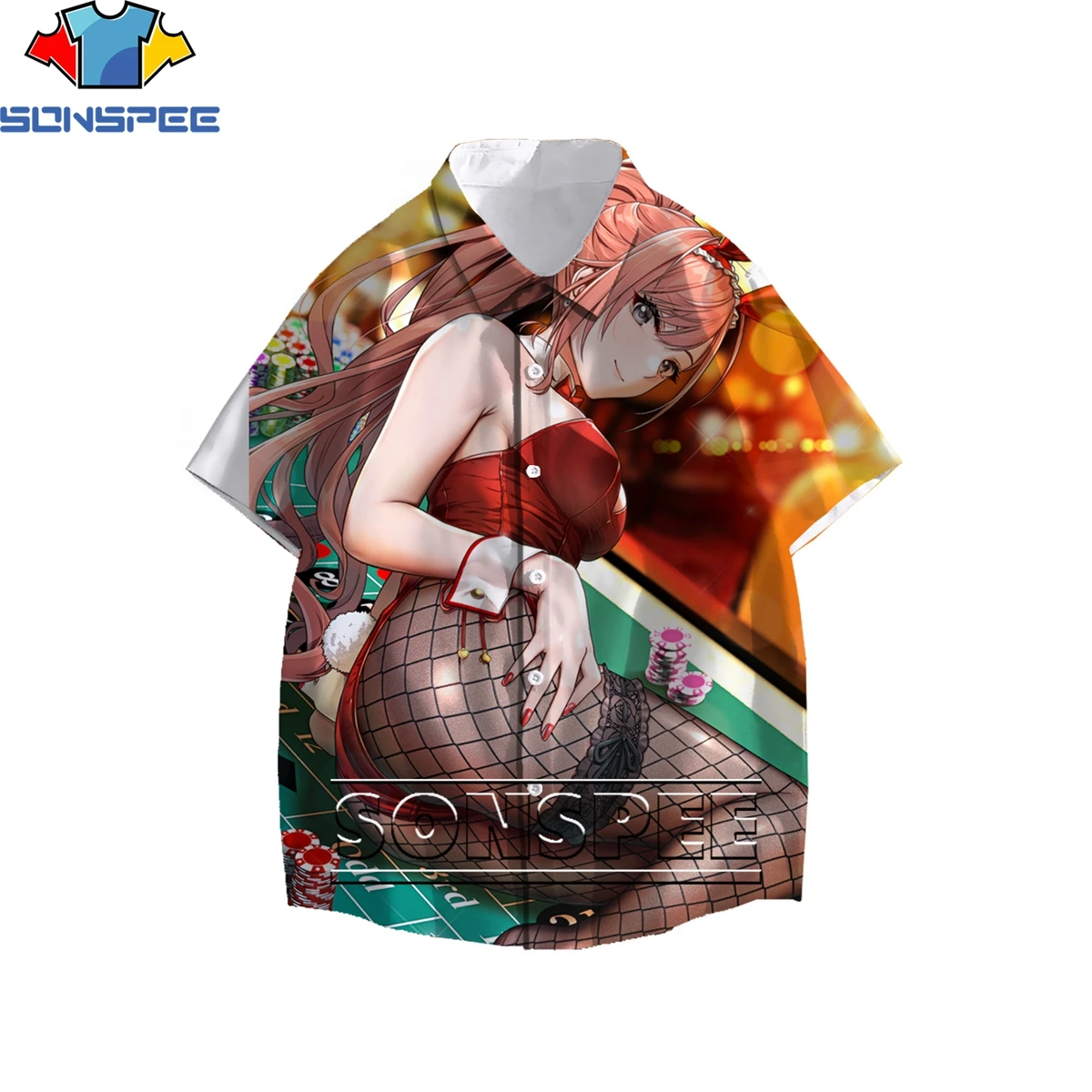 

SONSPEE Cartoon Anime Cute Sexy Black Stockings Girl Loli 3D Print Men's Shirt Summer Original Otaku Hawaiian Beach Buttons Top