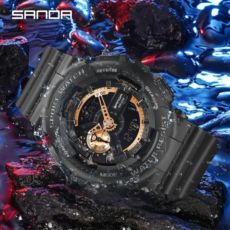 SANDA Dual Display Quartz Watch Men's Luxury Sports LED Luminous Waterproof S Shockproof Automatic Date Reloj | Наручные часы
