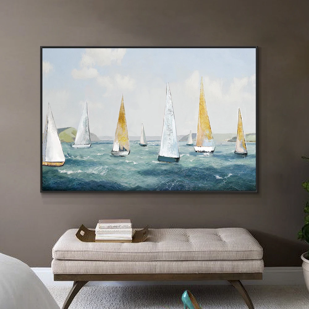 

Abstract Sailboat On The Blue Sea Painting 100% Hand Painted Oil Painting On Canvas Modern Landscape Wall Art For Home Decor