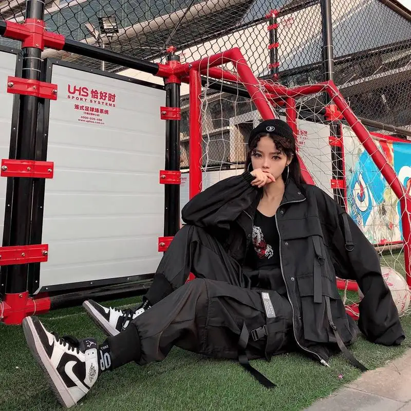 Брюки карго женские с завышенной талией модные черные брюки бомбер в стиле