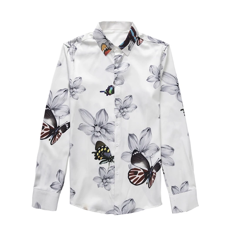 

British Style Spring New Digital Print Slim Fit Long Sleeve Men Floral Shirt Dress Casual Fashion Streetwear/Prom Tuxedo White