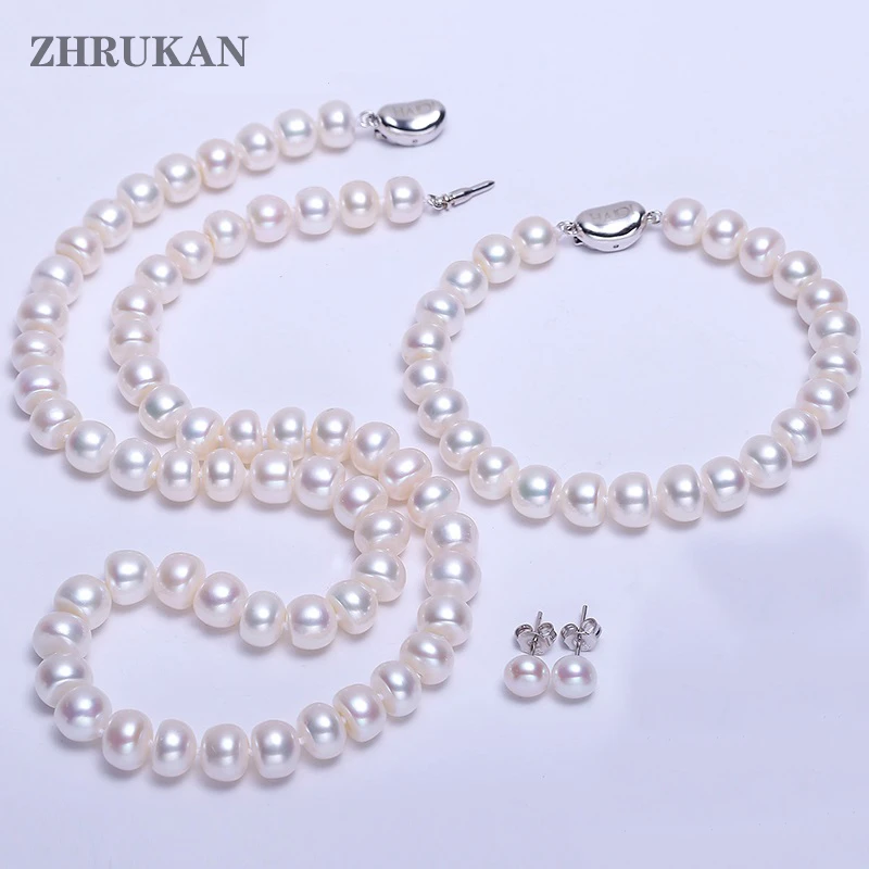 Pearl jewelry Sets 8-9mm Real Natural Freshwater Pearls 925 Sterling Silver Necklace Earrings Bracelet for women Fashion Gift | Украшения и