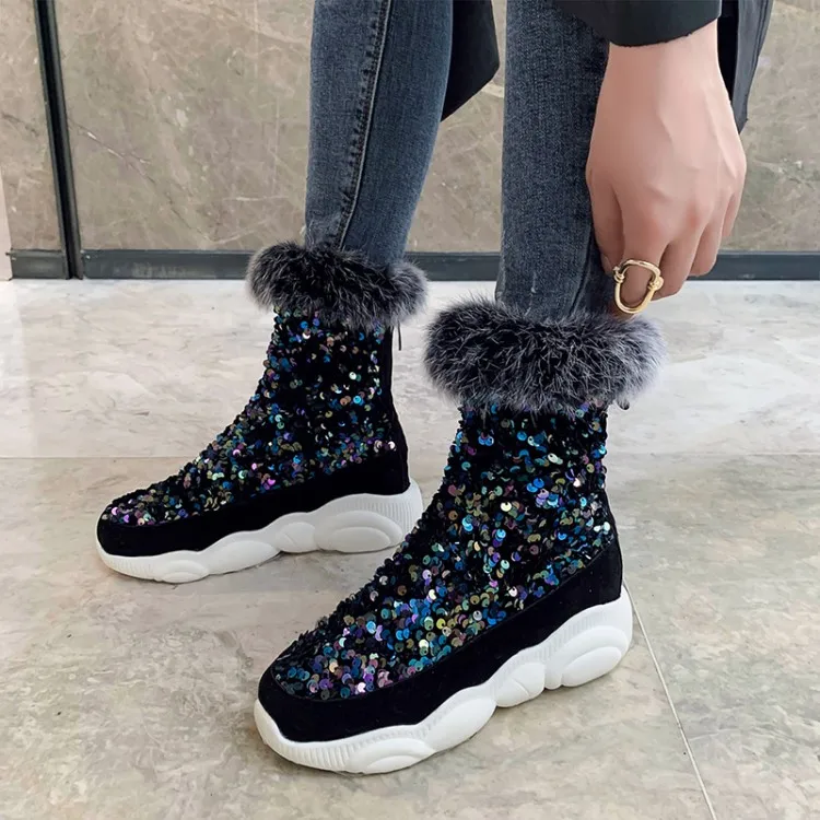 US4 11 женские ботильоны с блестками теплая зимняя обувь на танкетке натуральным