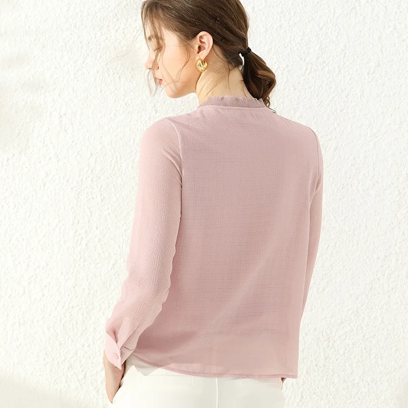 

2021 New Temperament Feminine Morandi Color Small Stand-up Collar Texture Chiffon Shirt Spring Women's Shirt