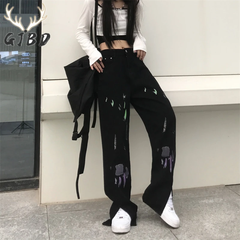 

High Waist Women Jeans Vintage Streetwear Hip Hop Harajuku Printing Straight Baggy Trouser Fashion Autumn Wide Leg Denim Pants