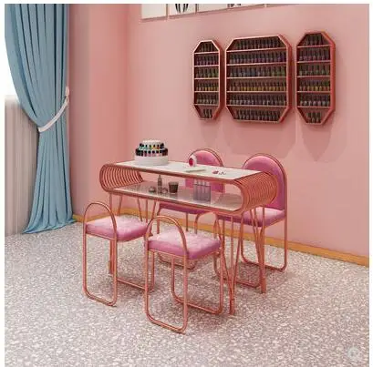 

Ins net red marble manicure table and chair set single double gold iron double deck manicure worktable package