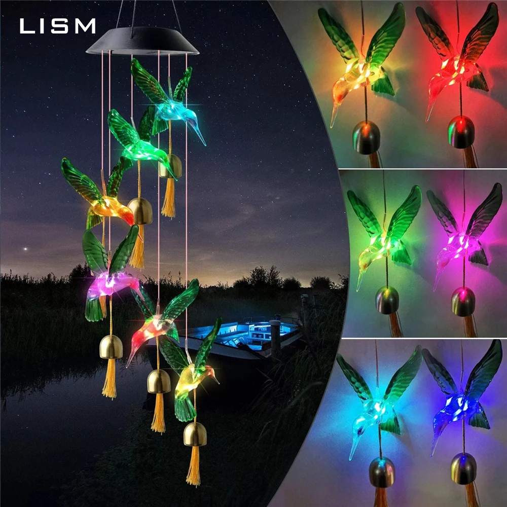 

Colorful Solar Lamps Led Light Outdoor Wind Chime Crystal Ball Hummingbird Waterproof Jardin Garden Decor Outdoor LED Lights