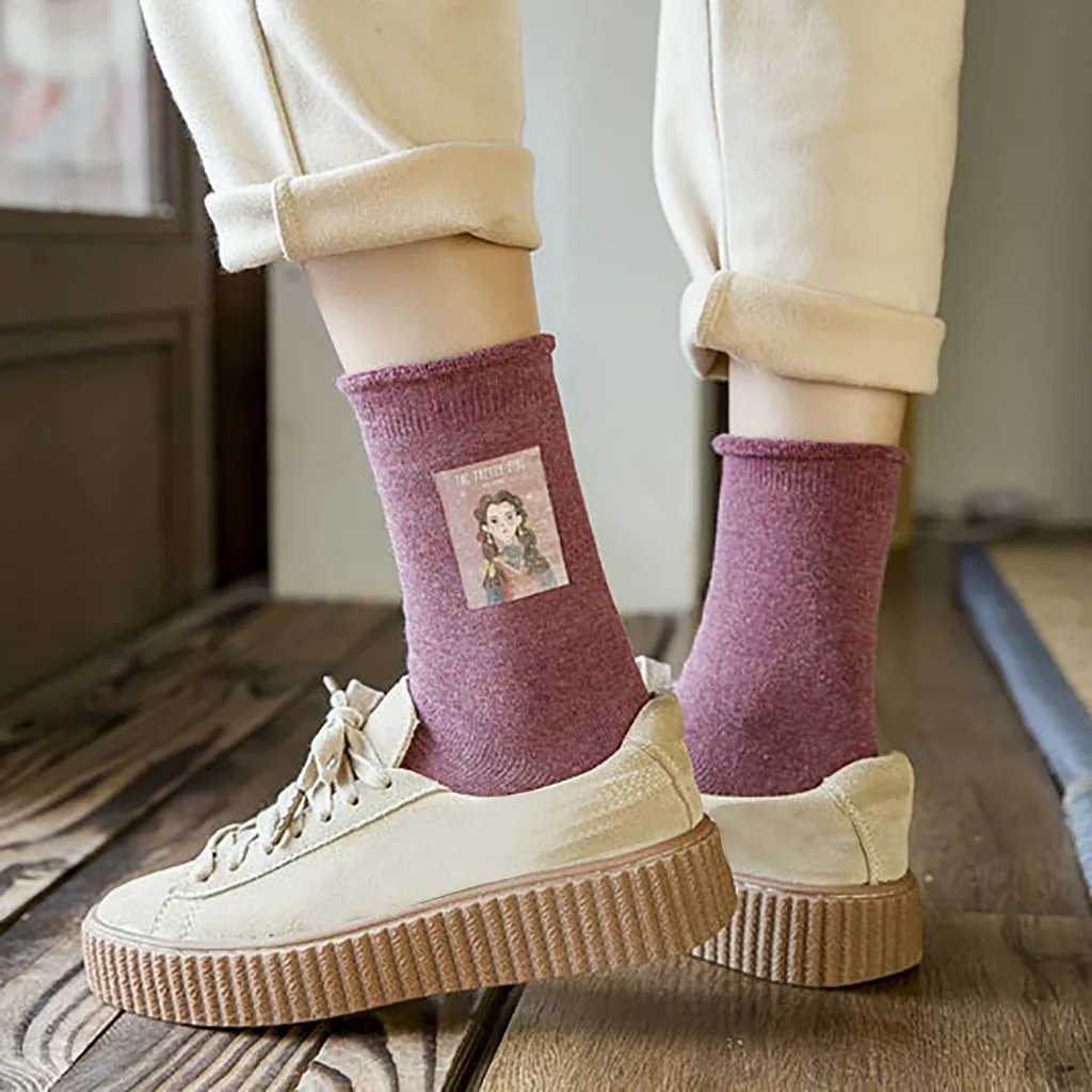 1 пара модных свернутых теплых носков женские носки с мультяшным принтом