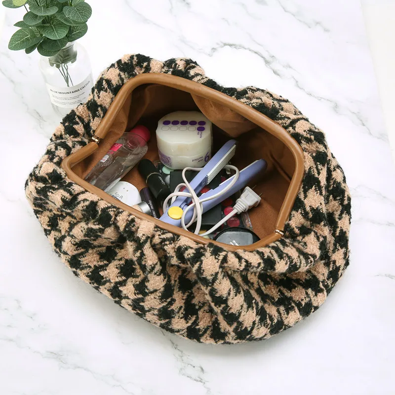 Day clutch tweed Evening party purse bag women large big small ruched pillow bag winter houndstooth plaid canvas pouch handbag