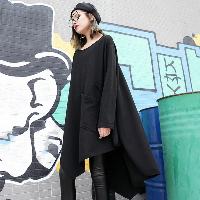 [EAM] 2021 Новое черное свободное асимметричное платье с круглым вырезом и длинным