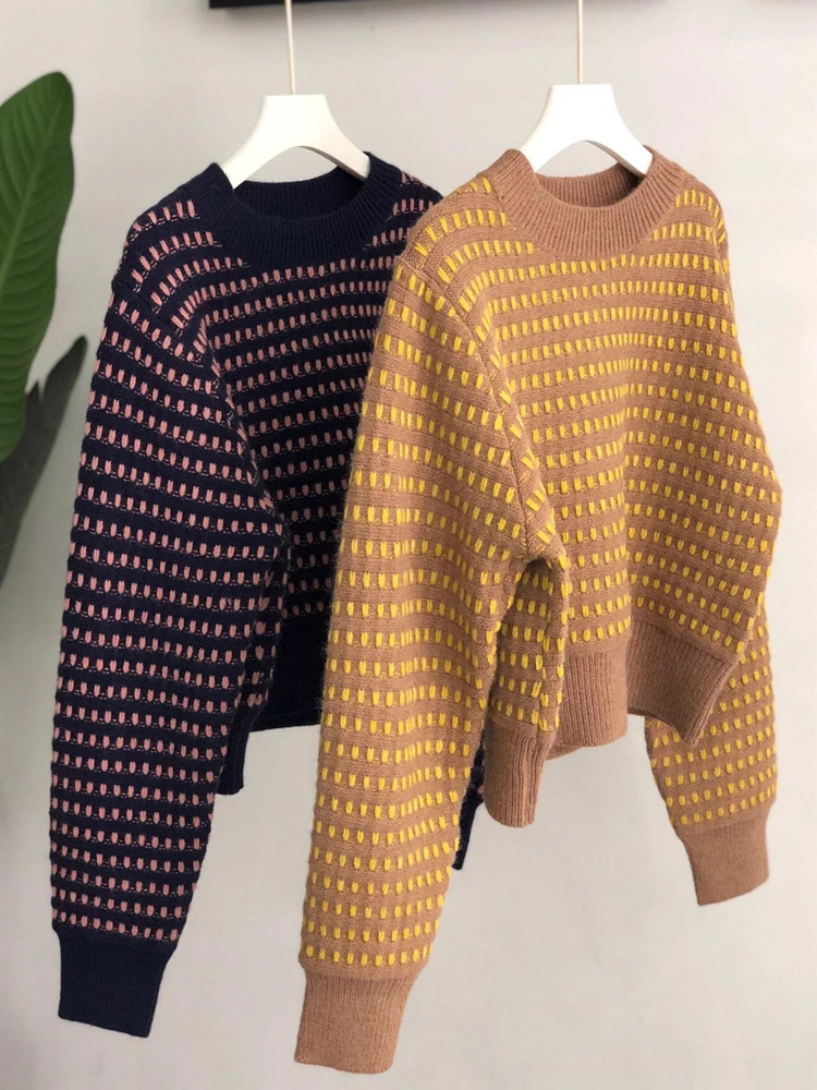 

2020 New Autumn Winter Women Knit Jumper Vintage Plaid Round Neck Long Sleeve Pullover Knitted Sweater Women Tops