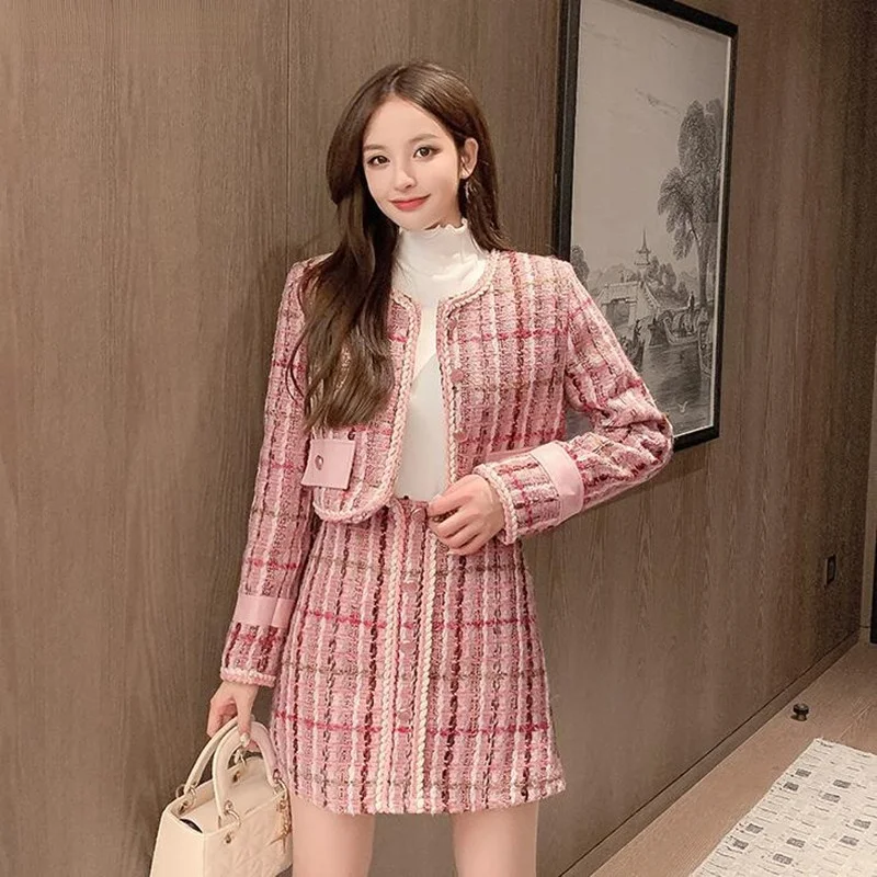 

Elegant Pink Plaid Tweed Two Piece Set Women Single-brested O-neck PU Patchwork Woolen Jacket Coat + Mini Skirt Suits Female