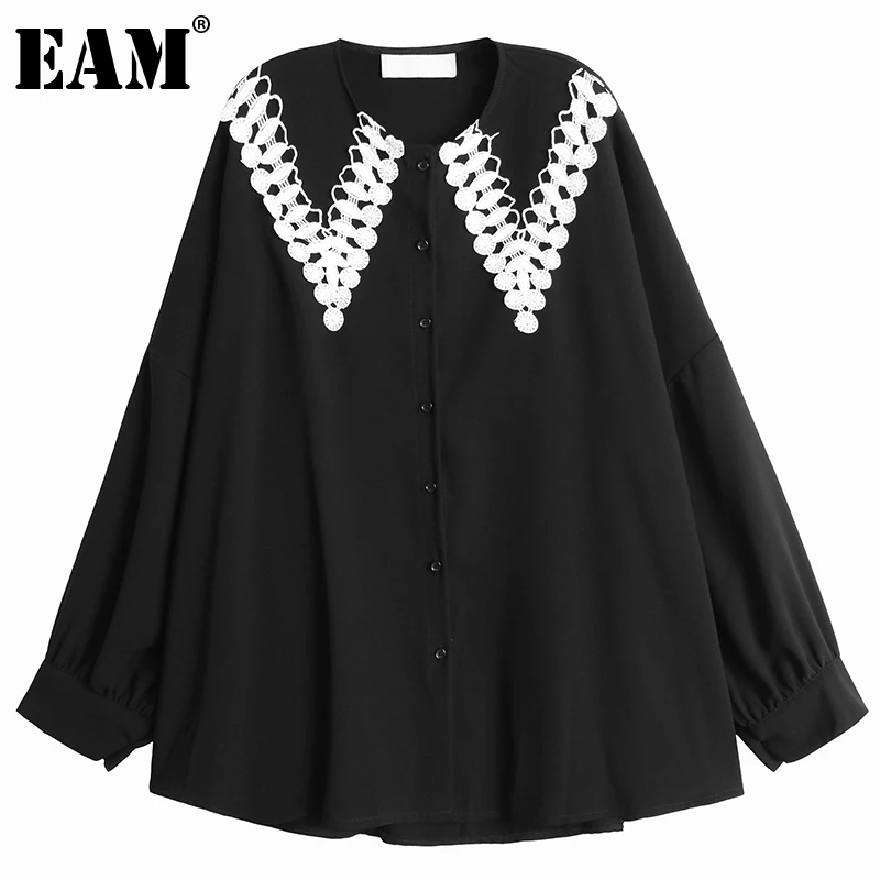 

[EAM] Women Black Lace Big Size Blouse New Peter Pan Collar Long Sleeve Loose Fit Shirt Fashion Tide Spring Autumn 2022 1DE2708