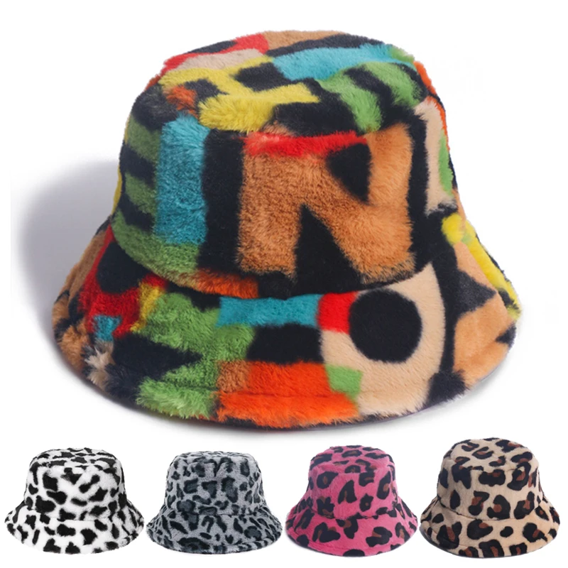 

Панама женская зимняя с леопардовым принтом, модная уличная теплая шапка от солнца из искусственного меха, мягкая бархатная меховая Панама ...