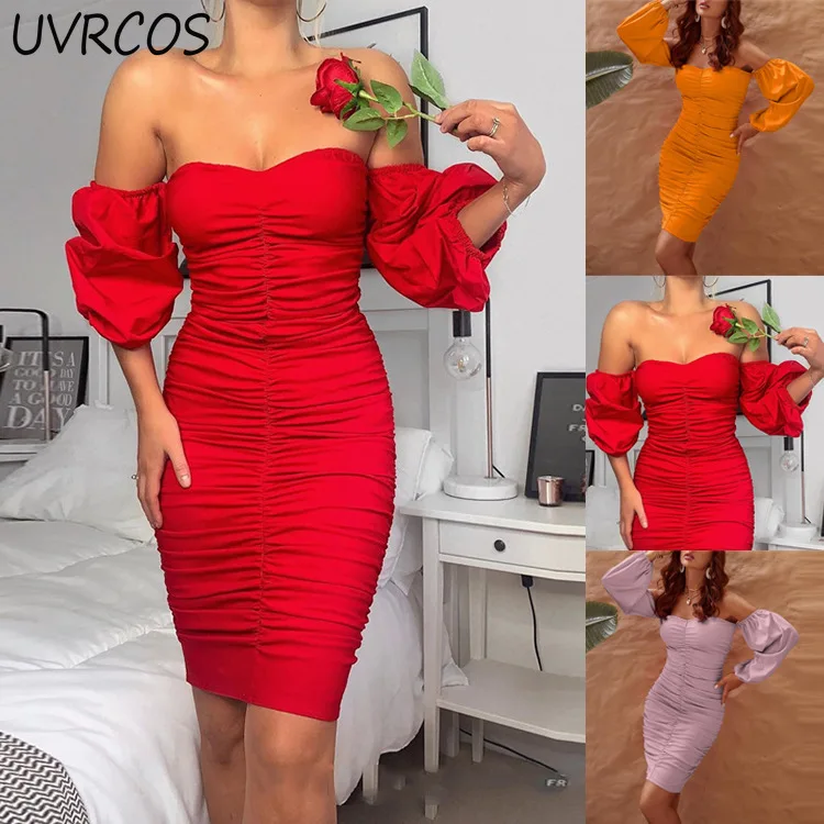 

Autumn New Sexy Strapless Solid Lantern Sleeve Backless Pleated Ladies Lift Buttock Bodycon One shoulder Women Dress Plus Size