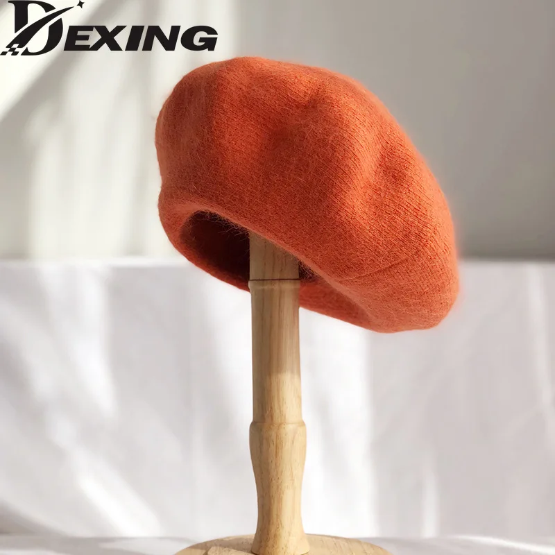 

Double Knitted Rabbit Fur Berets Thick warm French Artist Beret Women Berets Female Walking Cap Autumn Winter beanies Hat