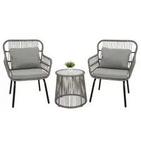 【USA READY STOCK】3-Piece Patio Wicker Conversation Bistro Set with 2 Chairs & Glass Top Side Table & Cushions