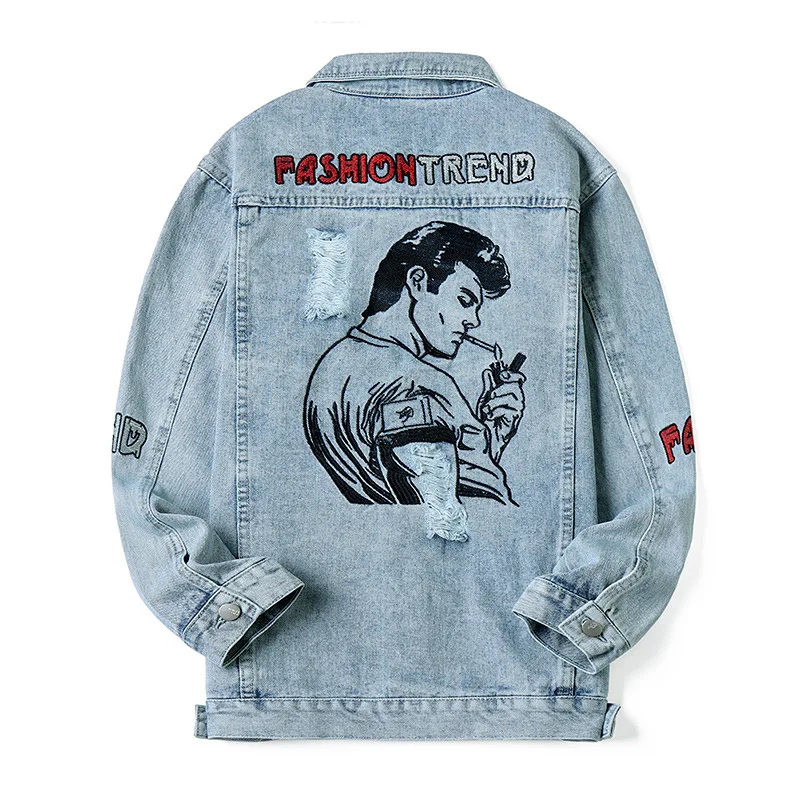 

2021 New Men's Denim Jacket Autumn Thick Non-elastic Denim Jacket Trend Embroidered Denim Jacket Men